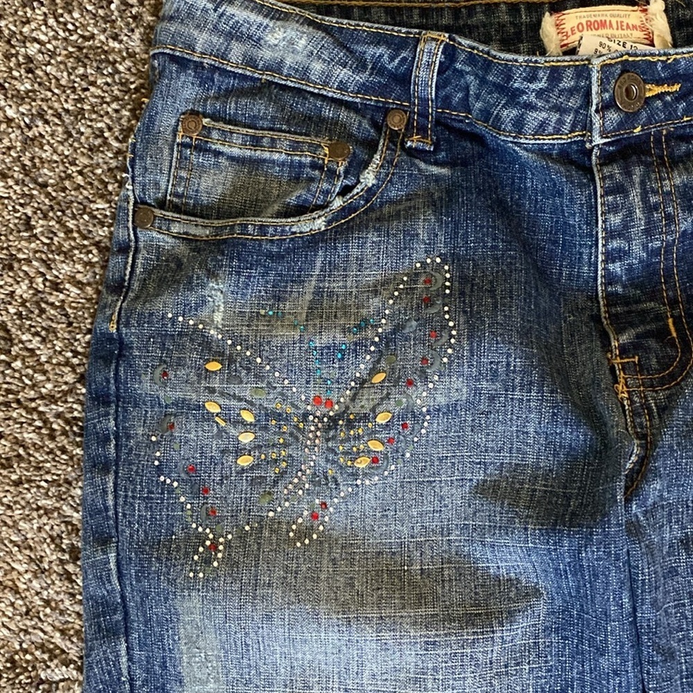 Leo Roma Leoroma Cropped Distressed Jeans Vintage Denim Butterfly Accents Sz 13 - Picture 2 of 9